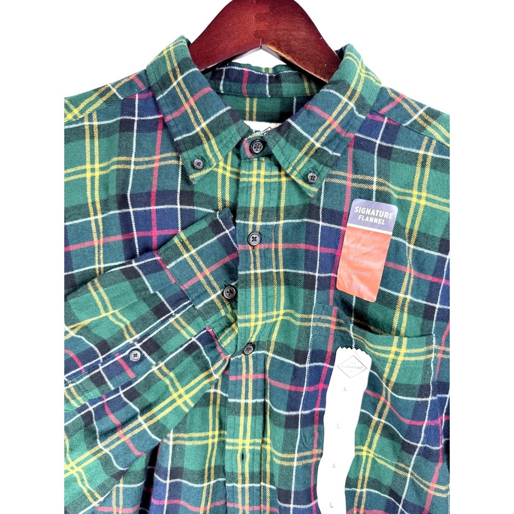 St Johns‎ Bay Mens Large L Green Plaid Flannel Shirt Signature Super Soft